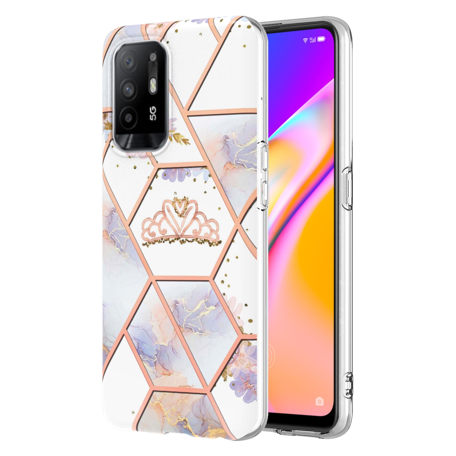 LB1 Series for Oppo A94 5G/A95 5G Soft Touch Marble Cell Phone Case, Anti-fingerprint Electroplating Soft TPU IMD Anti-scratch Cover