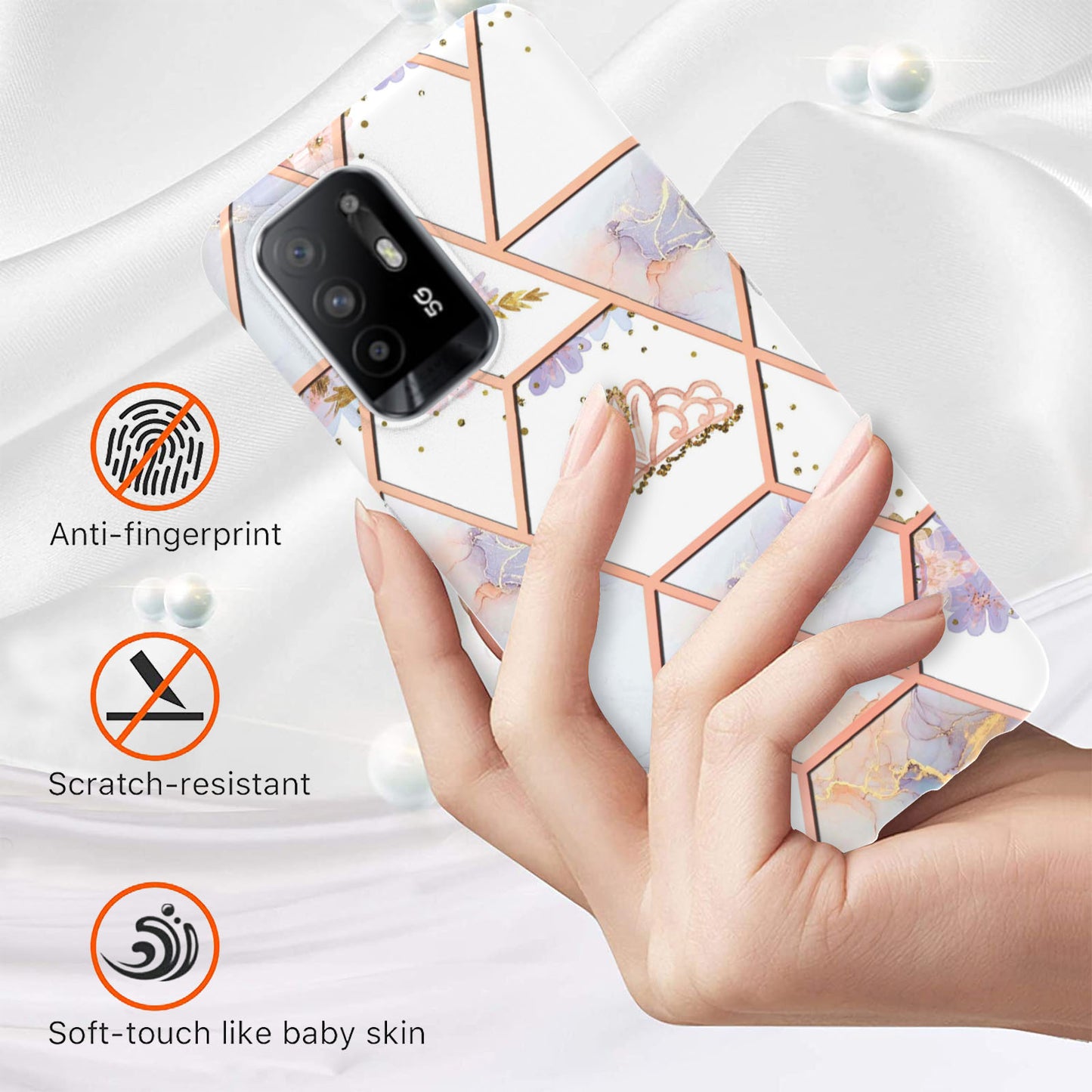 LB1 Series for Oppo A94 5G/A95 5G Soft Touch Marble Cell Phone Case, Anti-fingerprint Electroplating Soft TPU IMD Anti-scratch Cover