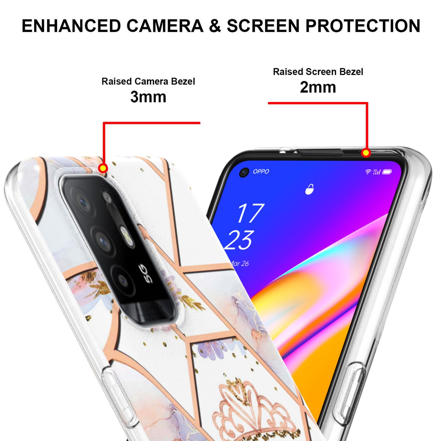 LB1 Series for Oppo A94 5G/A95 5G Soft Touch Marble Cell Phone Case, Anti-fingerprint Electroplating Soft TPU IMD Anti-scratch Cover