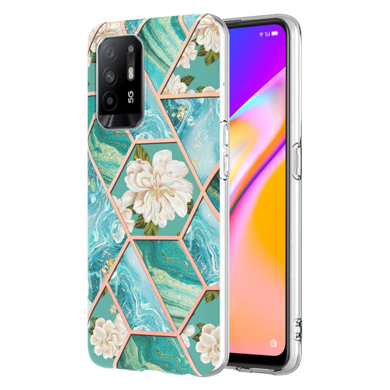 LB1 Series for Oppo A94 5G/A95 5G Soft Touch Marble Cell Phone Case, Anti-fingerprint Electroplating Soft TPU IMD Anti-scratch Cover