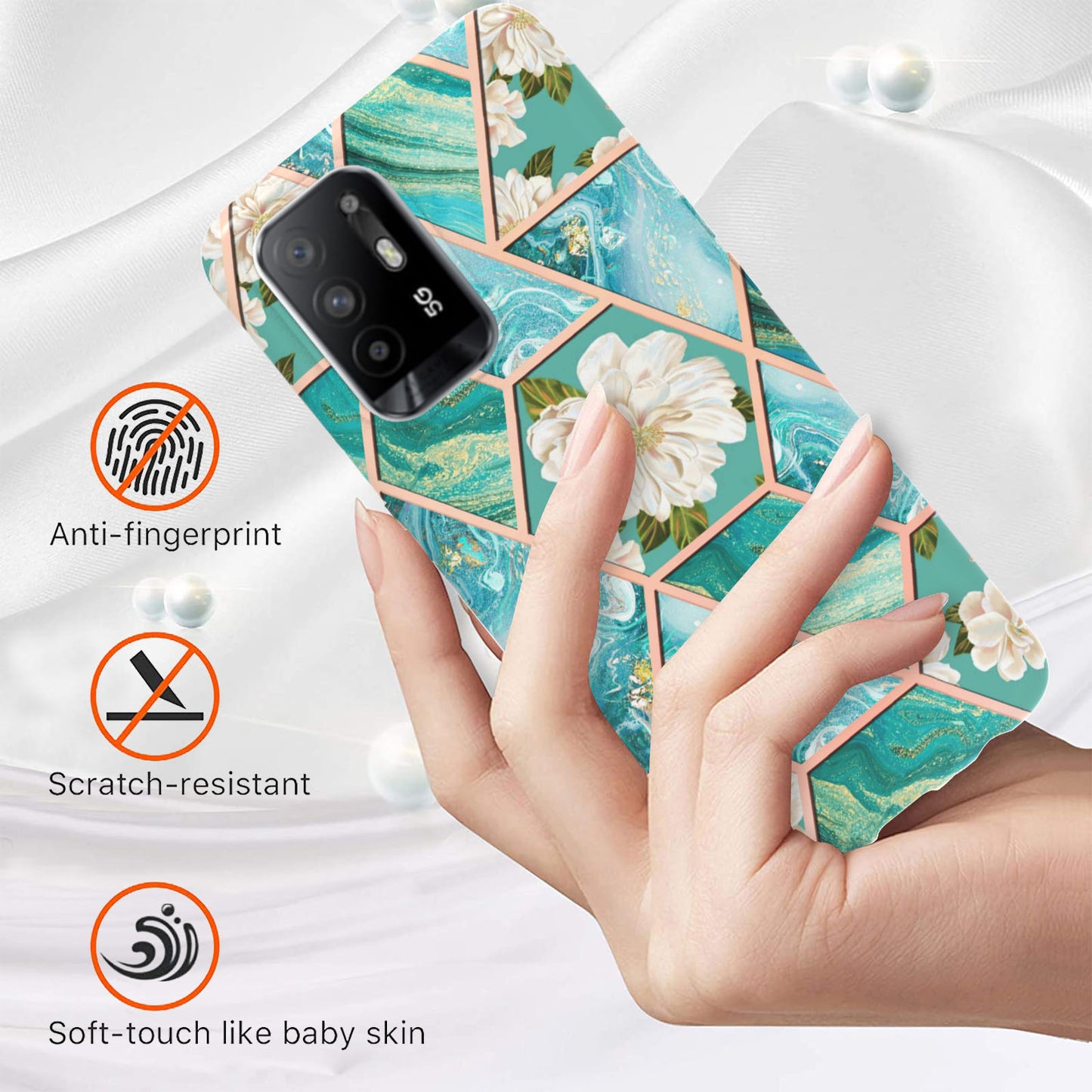 LB1 Series for Oppo A94 5G/A95 5G Soft Touch Marble Cell Phone Case, Anti-fingerprint Electroplating Soft TPU IMD Anti-scratch Cover