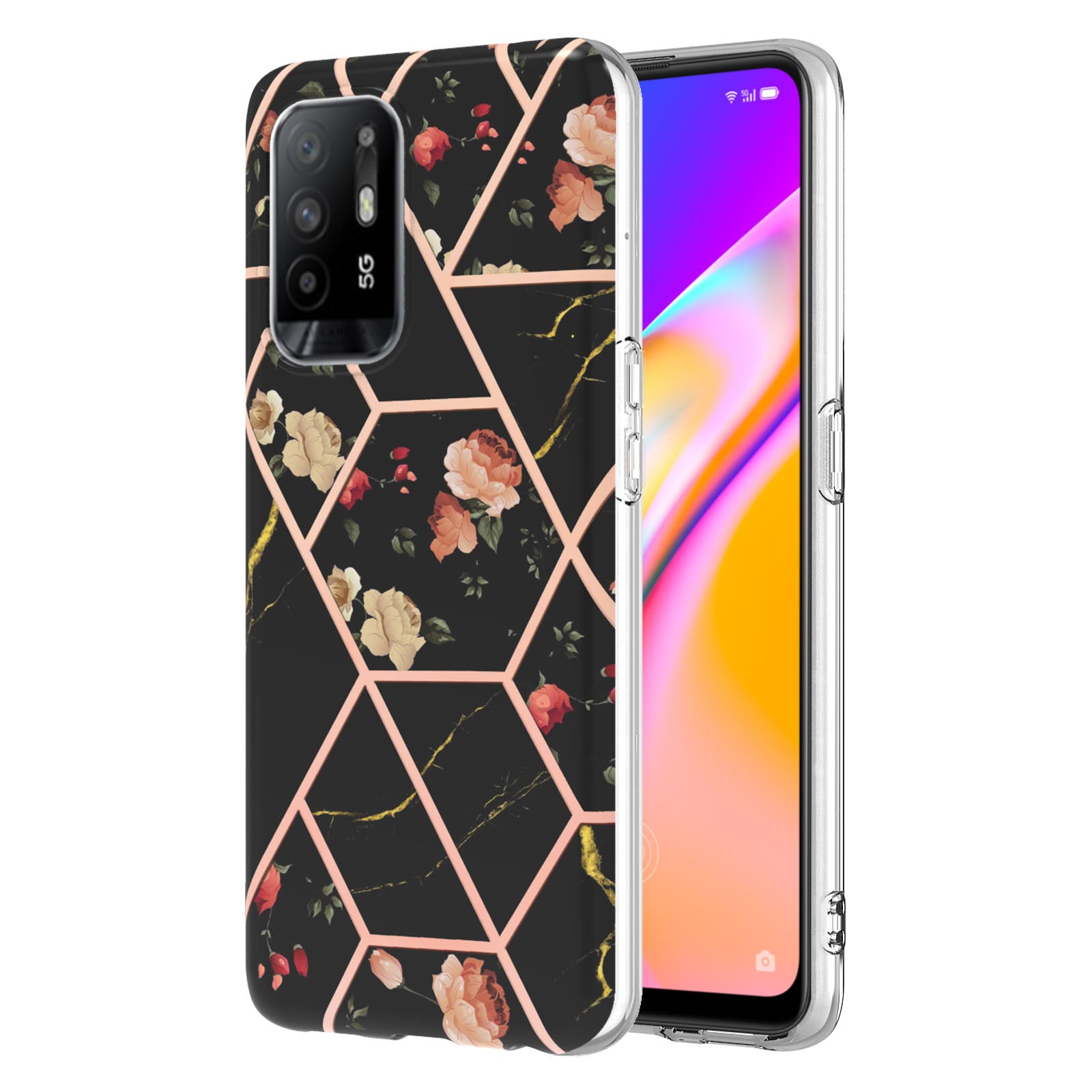 LB1 Series for Oppo A94 5G/A95 5G Soft Touch Marble Cell Phone Case, Anti-fingerprint Electroplating Soft TPU IMD Anti-scratch Cover