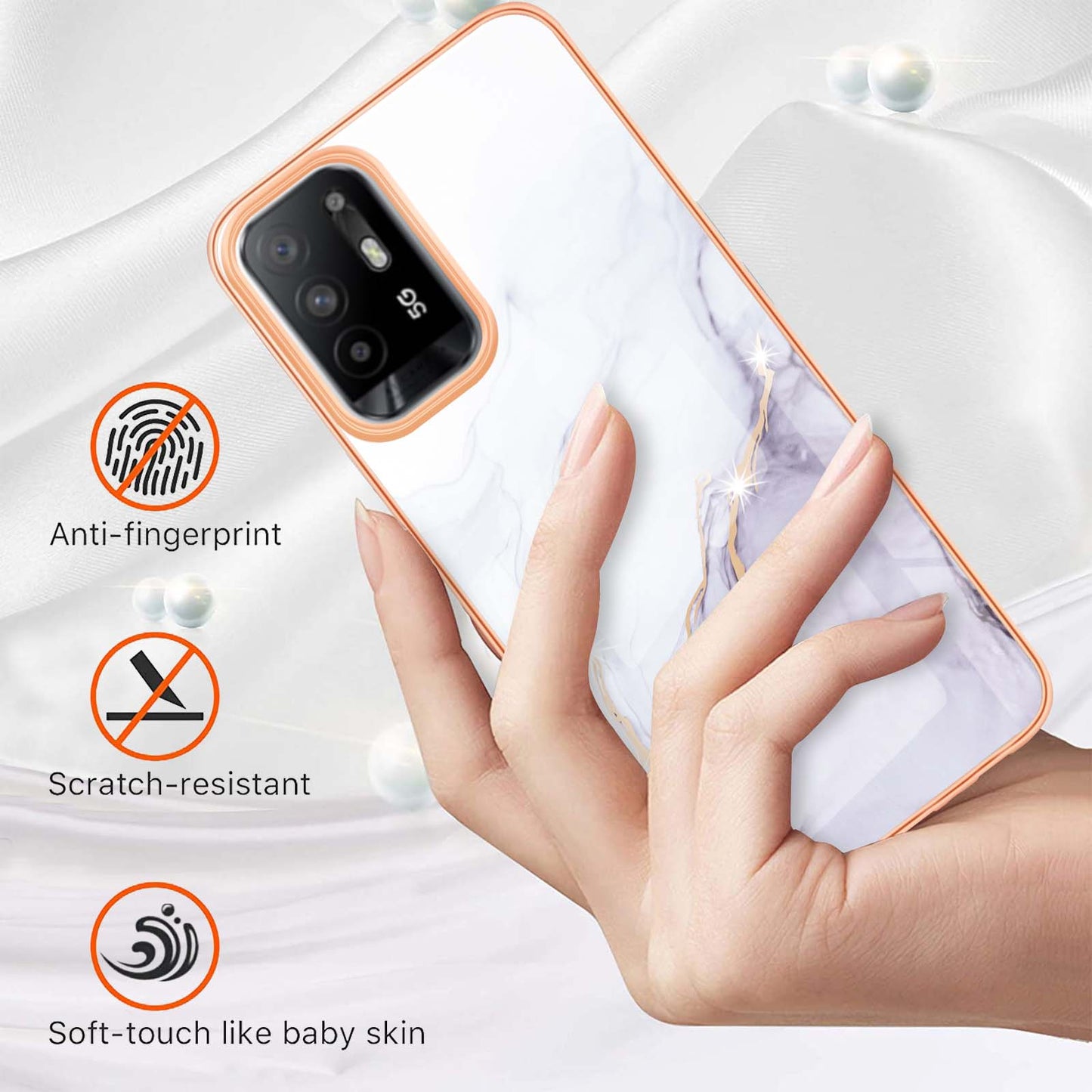 LB3 Series Marble Shockproof Protective Case for Oppo A94 5G / A95 5G, Electroplating IMD Slim Flexible TPU Phone Cover