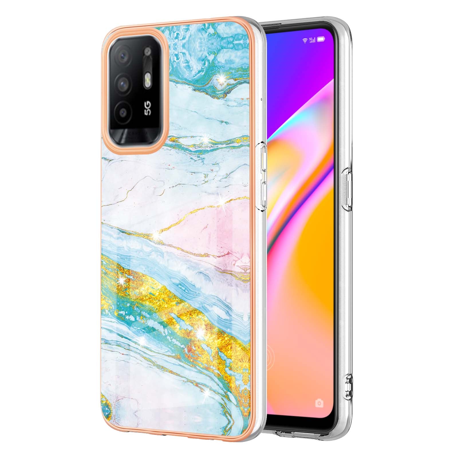 LB3 Series Marble Shockproof Protective Case for Oppo A94 5G / A95 5G, Electroplating IMD Slim Flexible TPU Phone Cover