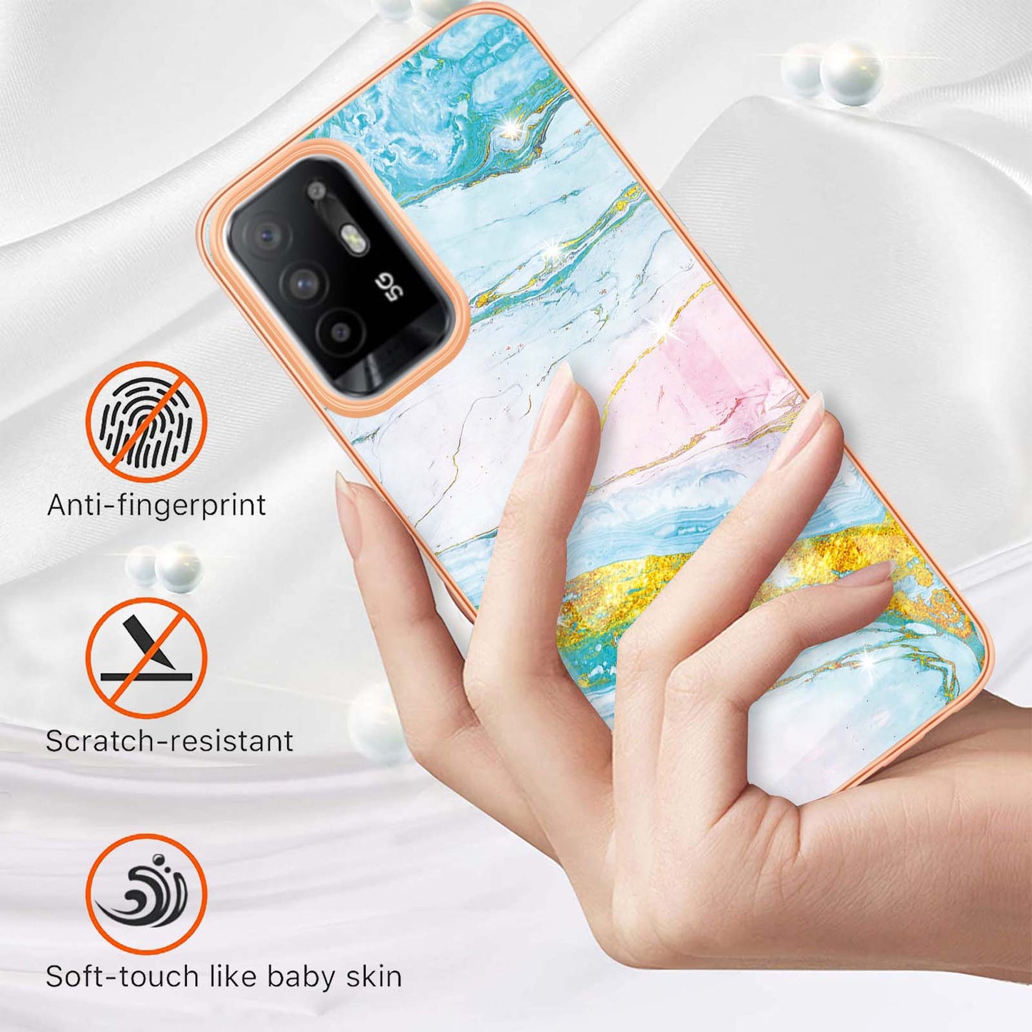 LB3 Series Marble Shockproof Protective Case for Oppo A94 5G / A95 5G, Electroplating IMD Slim Flexible TPU Phone Cover