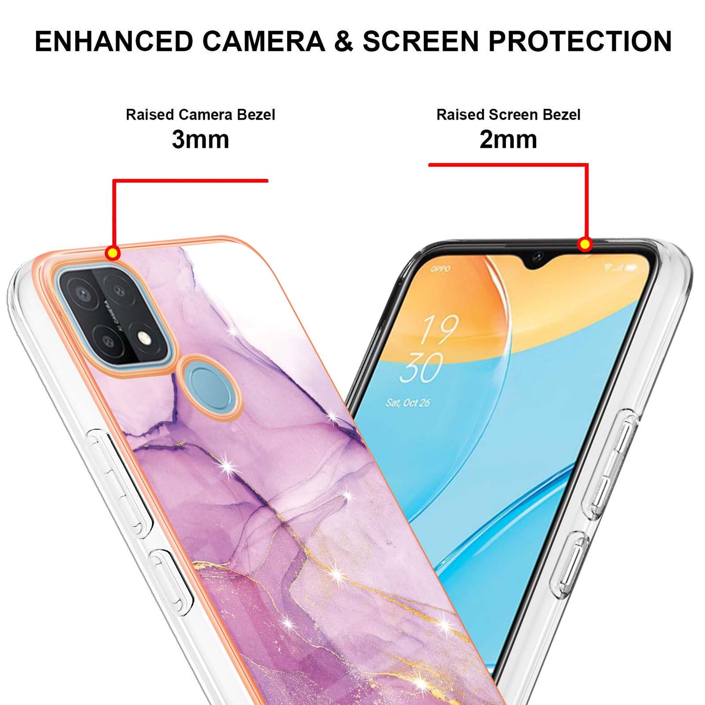 LB3 Series Electroplate Frame IMD Phone Case for OPPO A15 / A15s, Marble Shockproof Flexible Soft TPU Protective Durable Cover