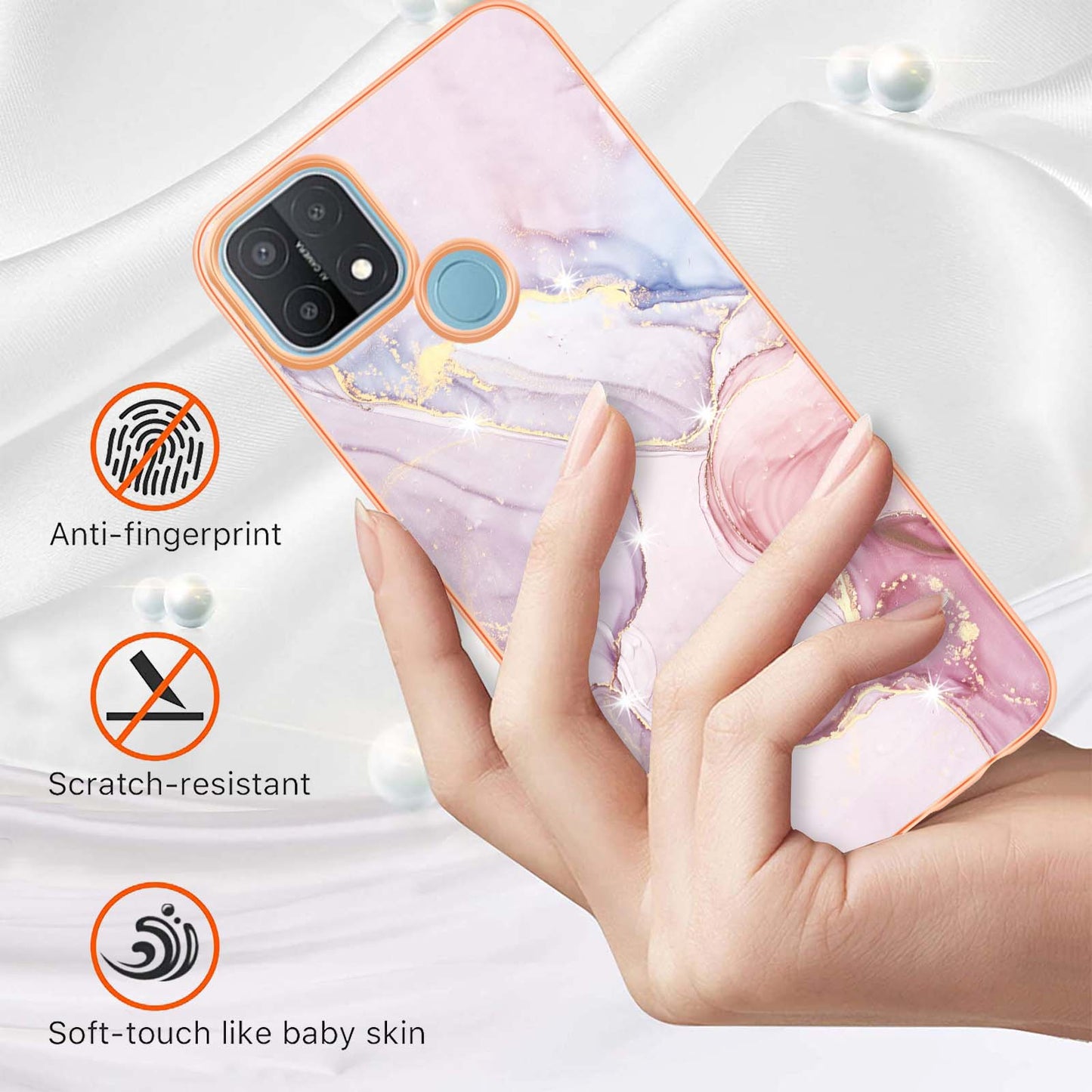 LB3 Series Electroplate Frame IMD Phone Case for OPPO A15 / A15s, Marble Shockproof Flexible Soft TPU Protective Durable Cover