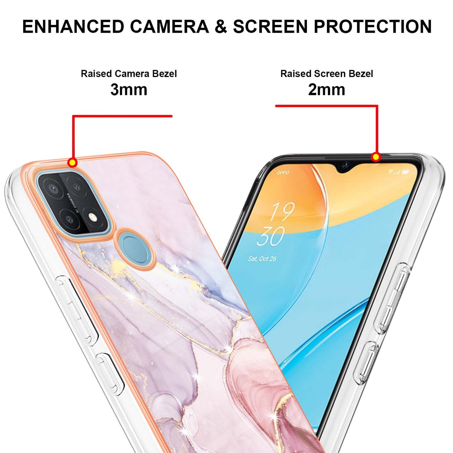 LB3 Series Electroplate Frame IMD Phone Case for OPPO A15 / A15s, Marble Shockproof Flexible Soft TPU Protective Durable Cover