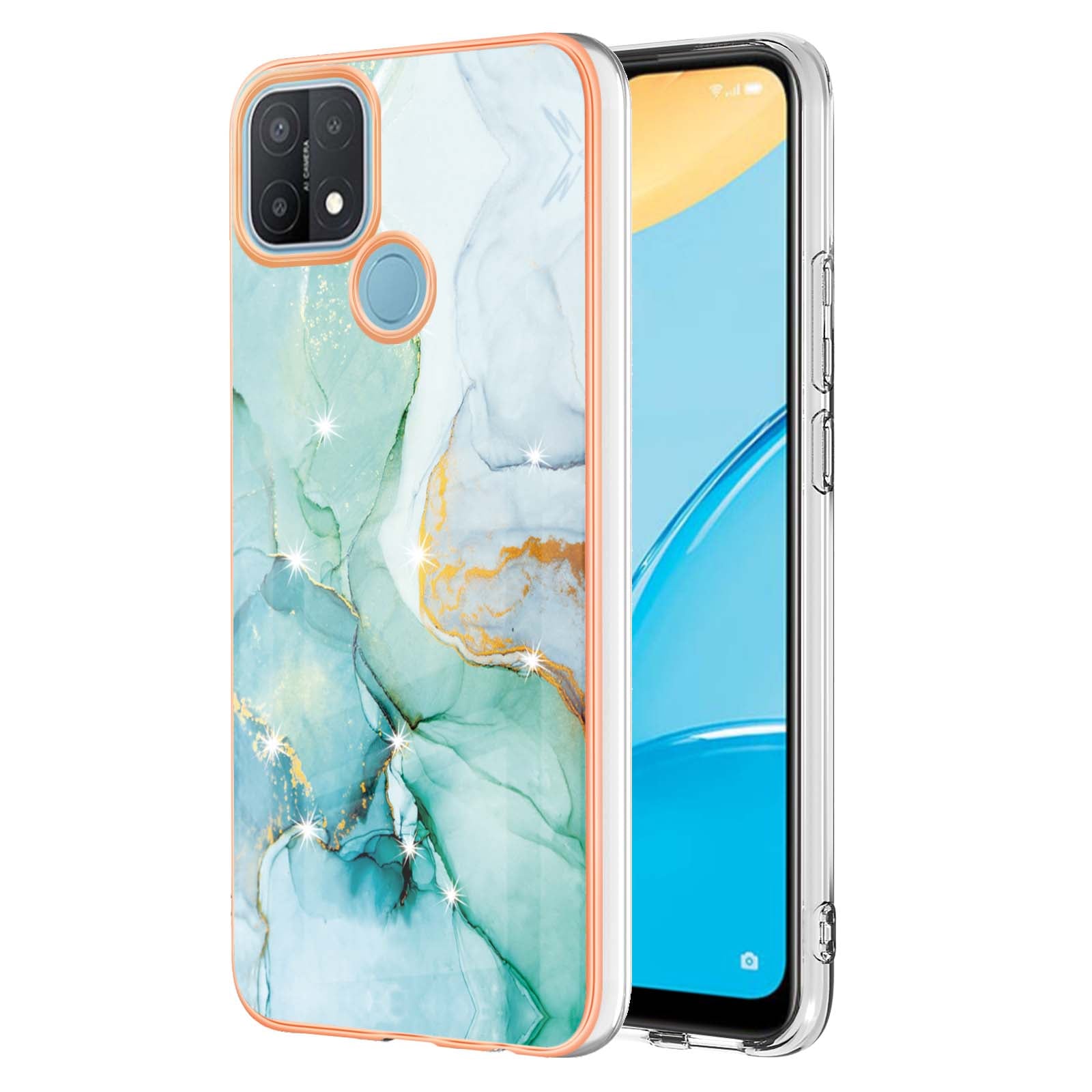 LB3 Series Electroplate Frame IMD Phone Case for OPPO A15 / A15s, Marble Shockproof Flexible Soft TPU Protective Durable Cover