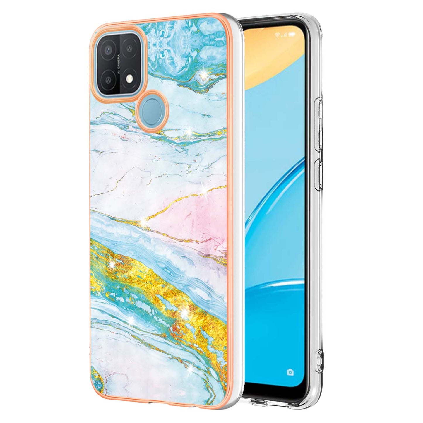 LB3 Series Electroplate Frame IMD Phone Case for OPPO A15 / A15s, Marble Shockproof Flexible Soft TPU Protective Durable Cover