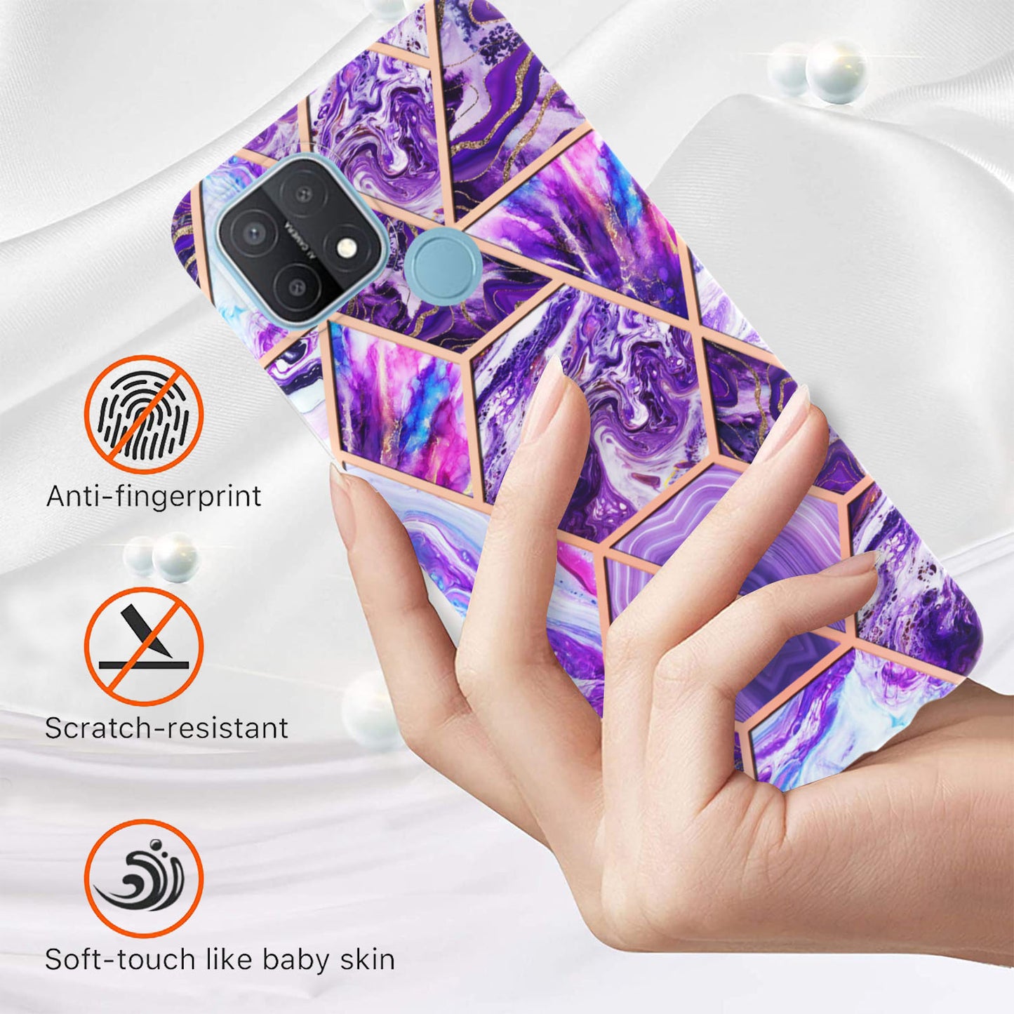 LB4 Series Electroplating Marble Style Phone Case for OPPO A15 / A15s, Double-sided IMD Soft TPU Protective Anti-Scratch Cover