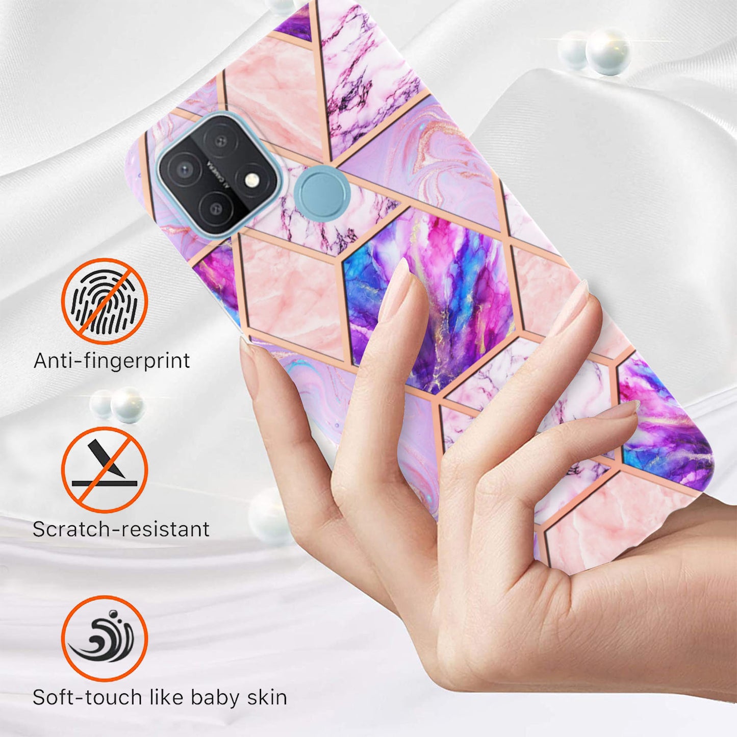 LB4 Series Electroplating Marble Style Phone Case for OPPO A15 / A15s, Double-sided IMD Soft TPU Protective Anti-Scratch Cover