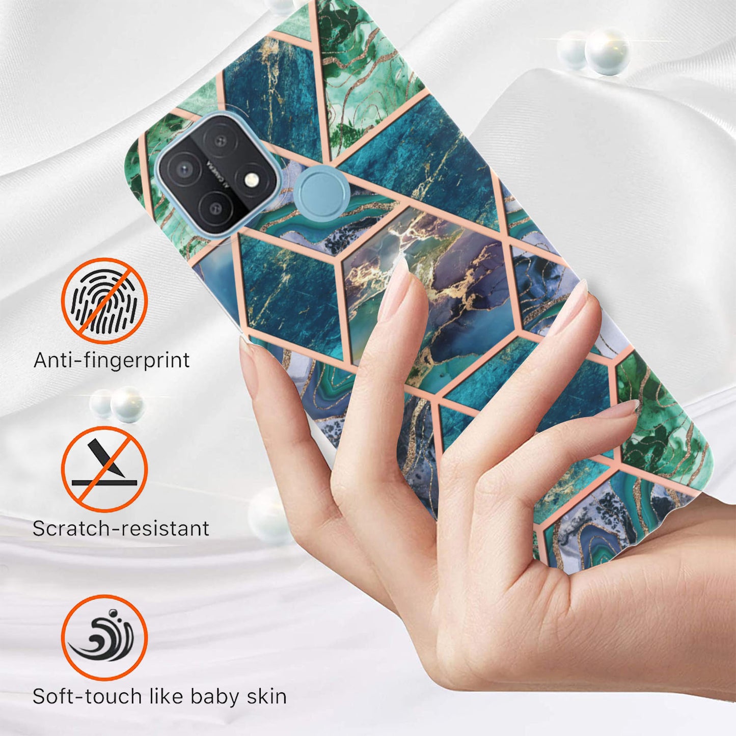 LB4 Series Electroplating Marble Style Phone Case for OPPO A15 / A15s, Double-sided IMD Soft TPU Protective Anti-Scratch Cover