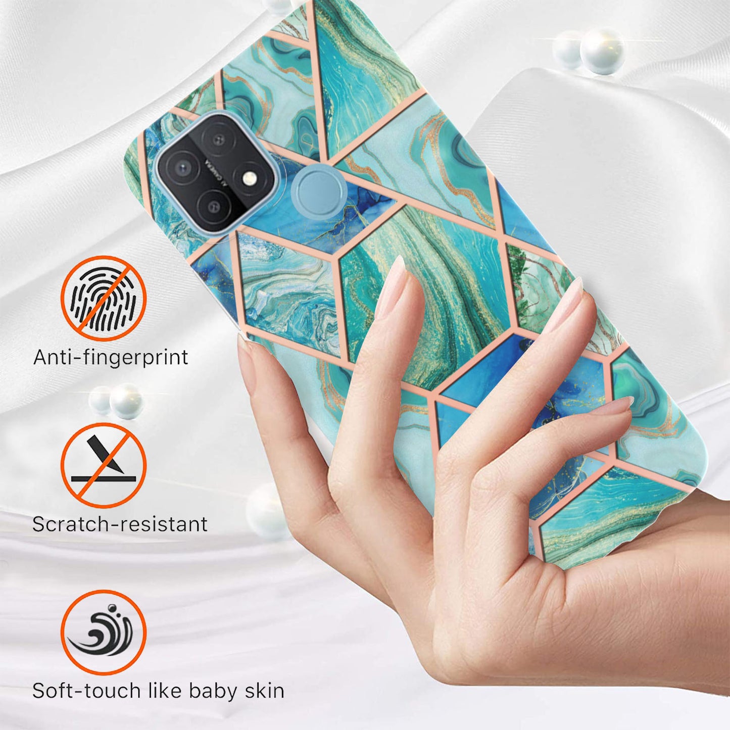 LB4 Series Electroplating Marble Style Phone Case for OPPO A15 / A15s, Double-sided IMD Soft TPU Protective Anti-Scratch Cover