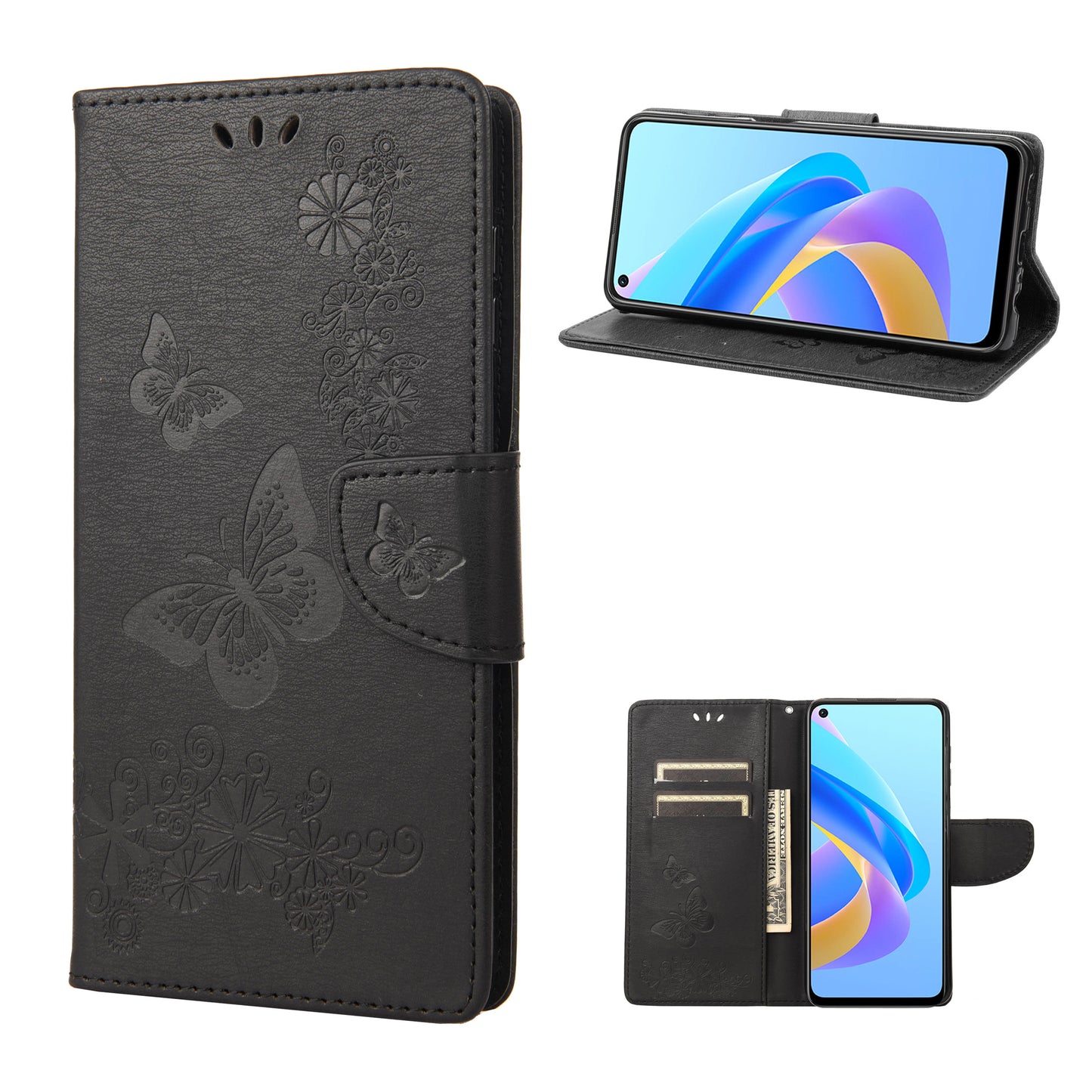 For Oppo A36/A76/Realme 9i Imprinted Butterfly Pattern PU Leather Magnetic Case Wallet Stand Flip Shockproof Cover