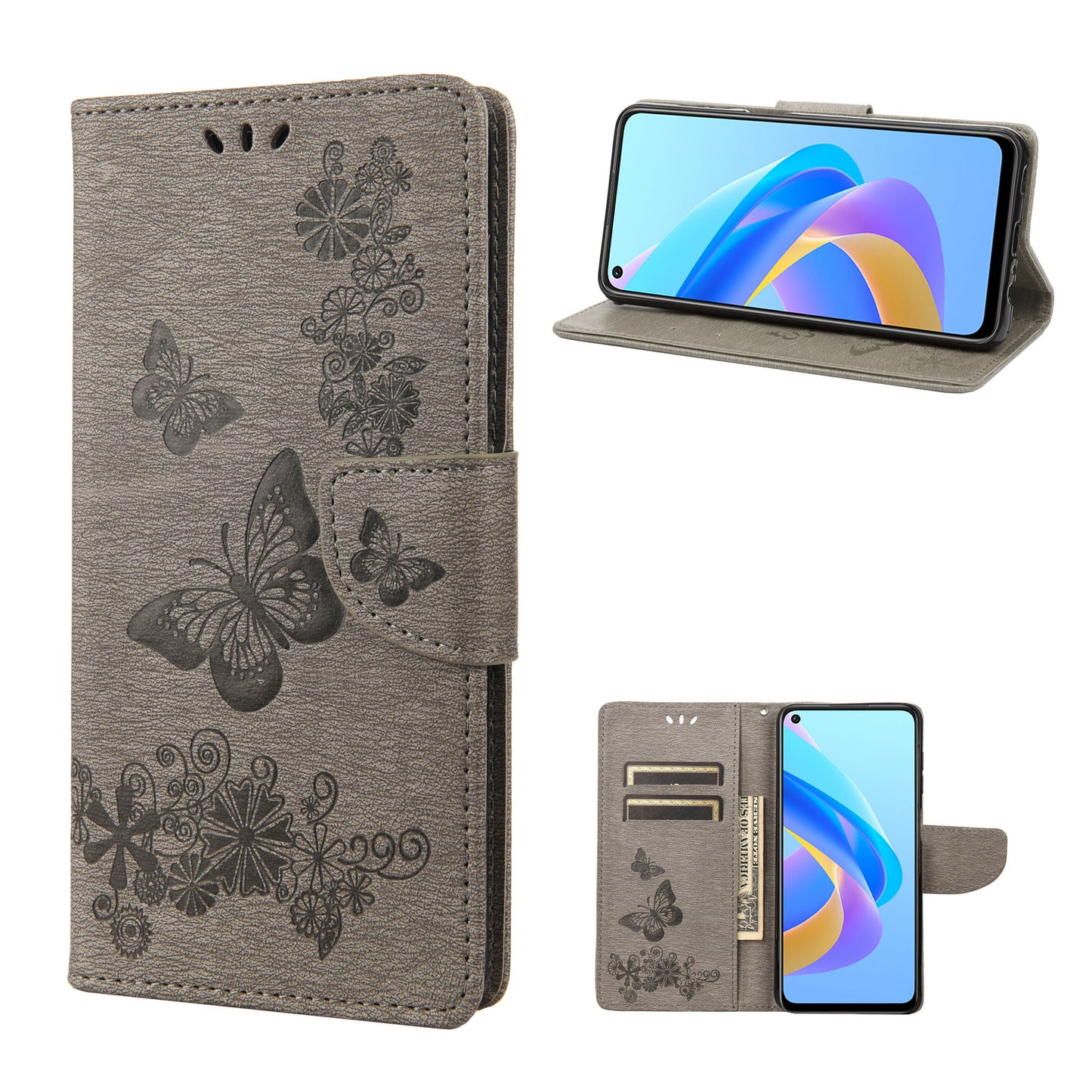 For Oppo A36/A76/Realme 9i Imprinted Butterfly Pattern PU Leather Magnetic Case Wallet Stand Flip Shockproof Cover