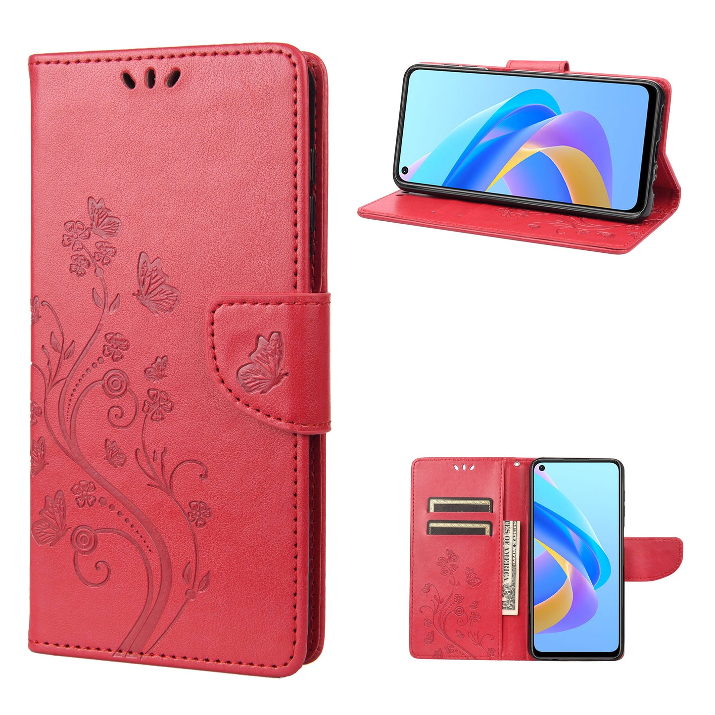 For Oppo A36/A76/Realme 9i Imprinted Butterfly PU Leather Wallet Case Magnetic Closure Stand Flip Shockproof Protective Cover