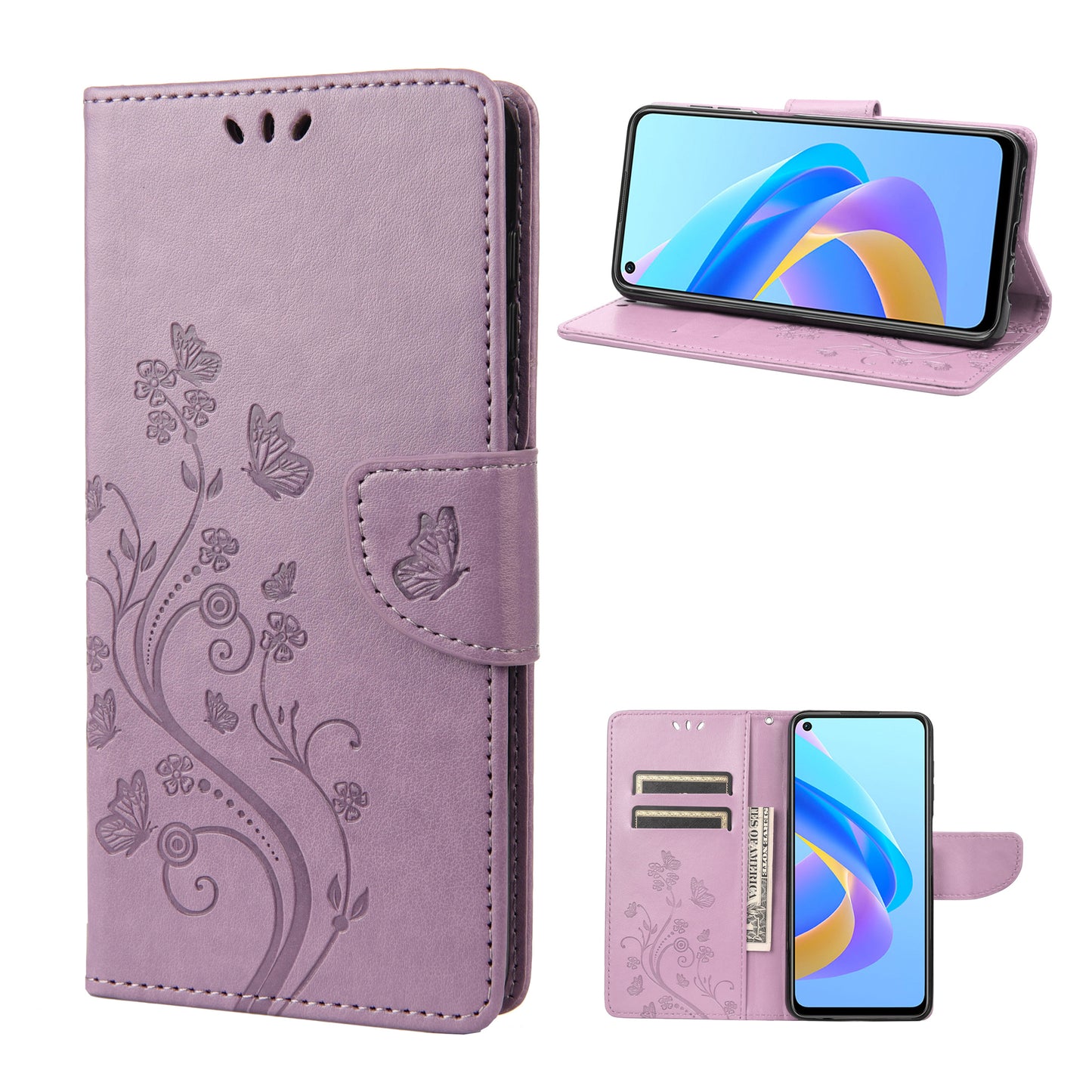 For Oppo A36/A76/Realme 9i Imprinted Butterfly PU Leather Wallet Case Magnetic Closure Stand Flip Shockproof Protective Cover