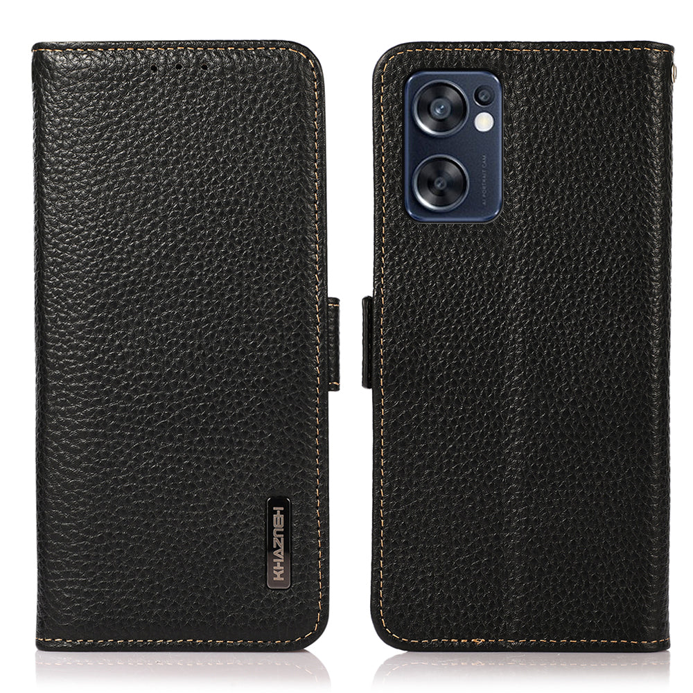 KHAZNEH Top Layer Genuine Leather RFID Blocking Case for Oppo Reno7 SE 5G, Stand Wallet Litchi Texture Phone Cover