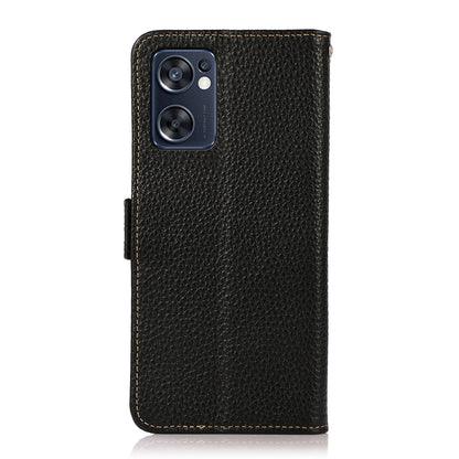 KHAZNEH Top Layer Genuine Leather RFID Blocking Case for Oppo Reno7 SE 5G, Stand Wallet Litchi Texture Phone Cover