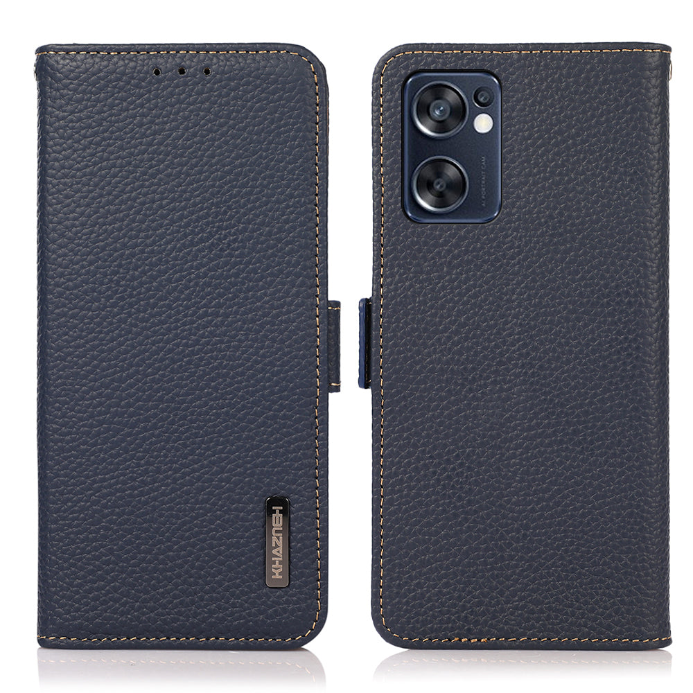 KHAZNEH Top Layer Genuine Leather RFID Blocking Case for Oppo Reno7 SE 5G, Stand Wallet Litchi Texture Phone Cover