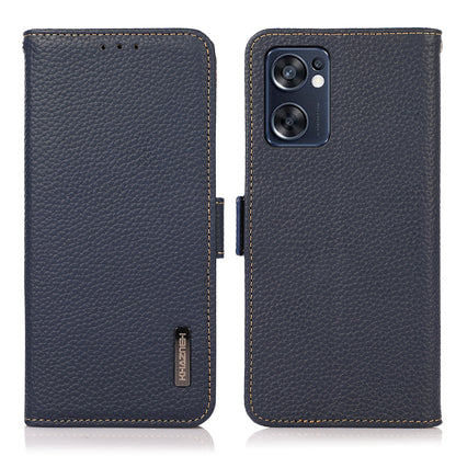 KHAZNEH Top Layer Genuine Leather RFID Blocking Case for Oppo Reno7 SE 5G, Stand Wallet Litchi Texture Phone Cover