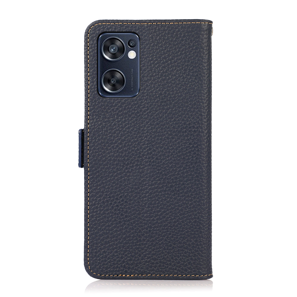 KHAZNEH Top Layer Genuine Leather RFID Blocking Case for Oppo Reno7 SE 5G, Stand Wallet Litchi Texture Phone Cover