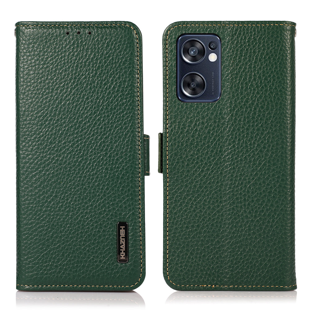 KHAZNEH Top Layer Genuine Leather RFID Blocking Case for Oppo Reno7 SE 5G, Stand Wallet Litchi Texture Phone Cover