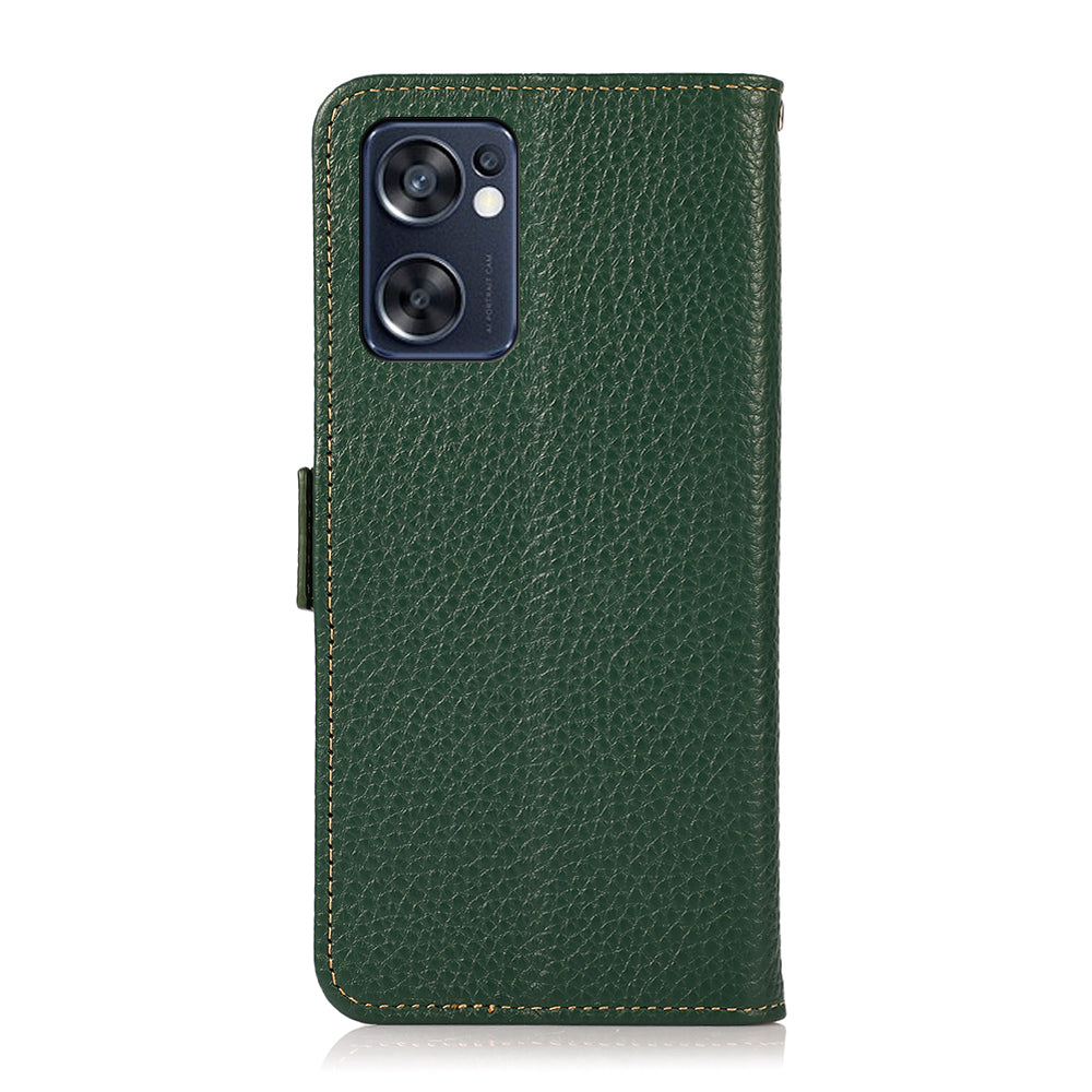 KHAZNEH Top Layer Genuine Leather RFID Blocking Case for Oppo Reno7 SE 5G, Stand Wallet Litchi Texture Phone Cover