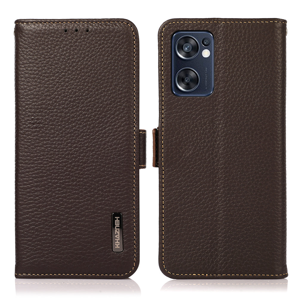 KHAZNEH Top Layer Genuine Leather RFID Blocking Case for Oppo Reno7 SE 5G, Stand Wallet Litchi Texture Phone Cover