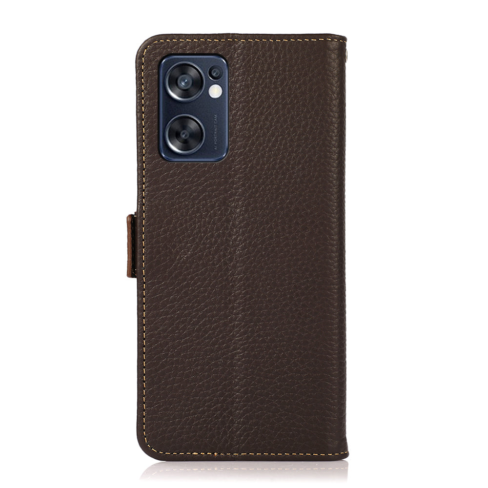 KHAZNEH Top Layer Genuine Leather RFID Blocking Case for Oppo Reno7 SE 5G, Stand Wallet Litchi Texture Phone Cover