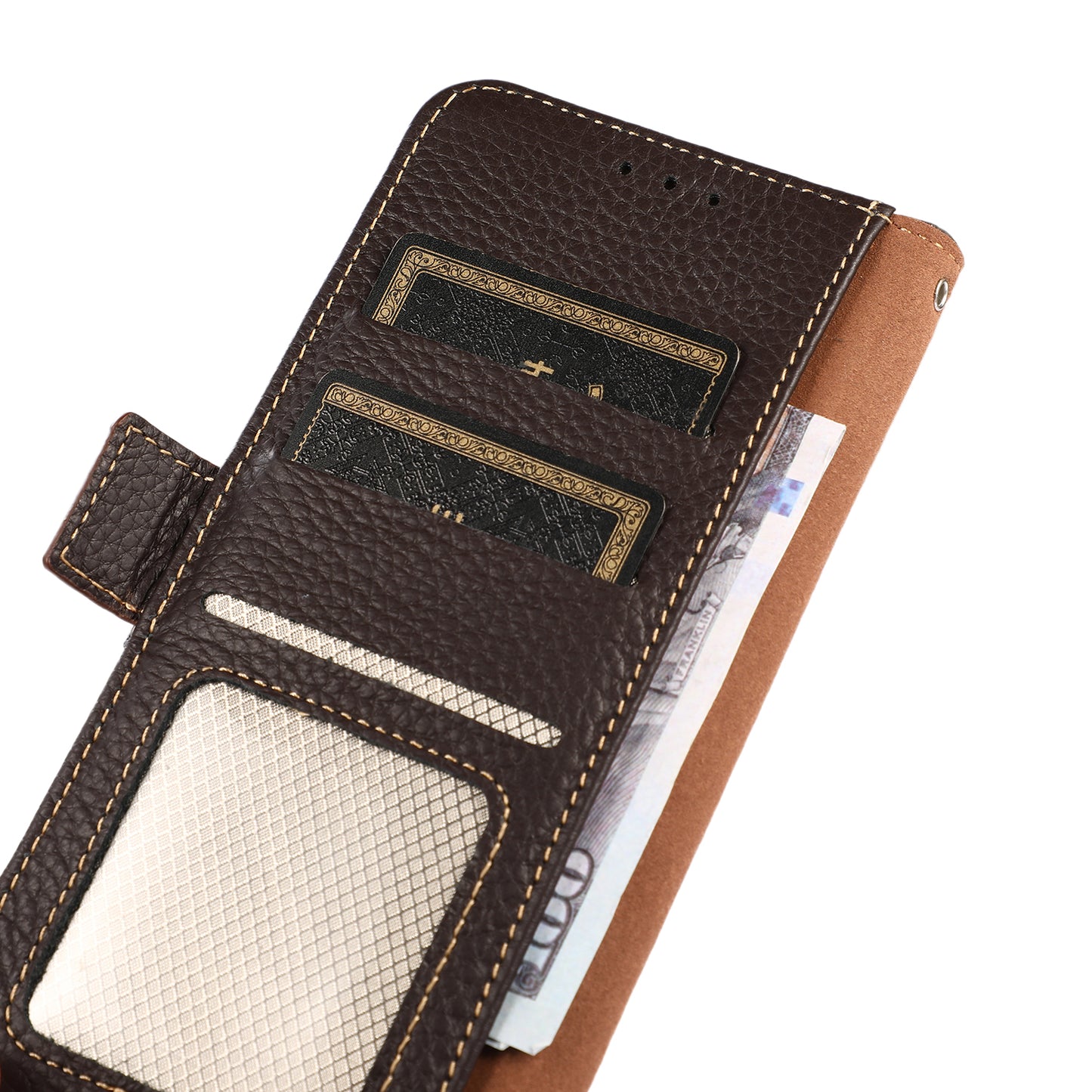 KHAZNEH Top Layer Genuine Leather RFID Blocking Case for Oppo Reno7 SE 5G, Stand Wallet Litchi Texture Phone Cover