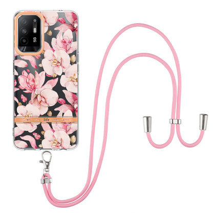 YB IMD-9 Series Electroplating IMD Case for Oppo A94 5G, Flower Pattern Soft TPU Scratch-Resistant Back Cover with Lanyard