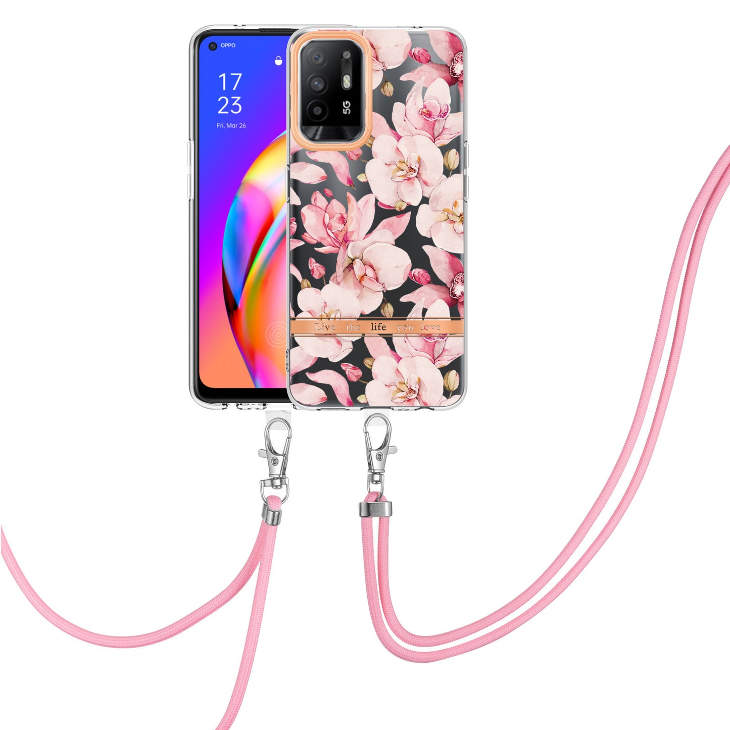 YB IMD-9 Series Electroplating IMD Case for Oppo A94 5G, Flower Pattern Soft TPU Scratch-Resistant Back Cover with Lanyard