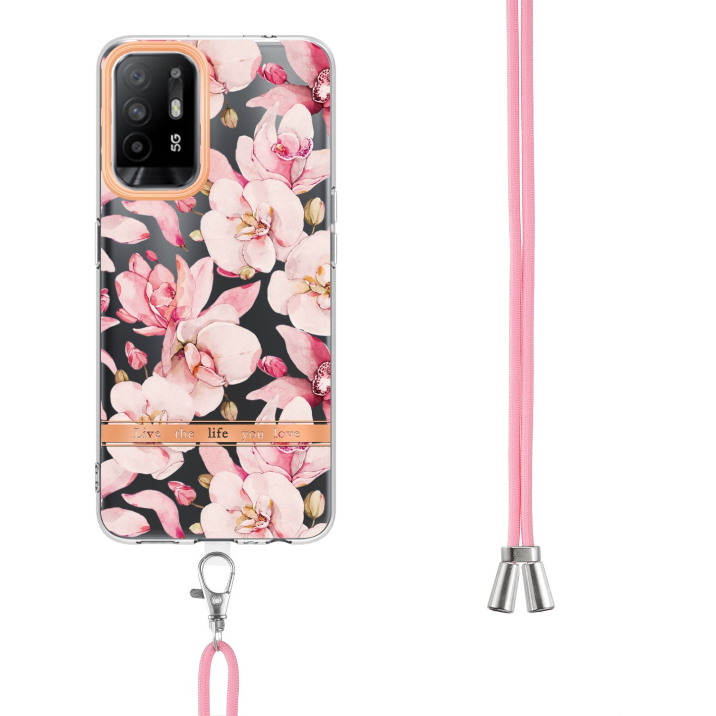 YB IMD-9 Series Electroplating IMD Case for Oppo A94 5G, Flower Pattern Soft TPU Scratch-Resistant Back Cover with Lanyard