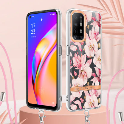 YB IMD-9 Series Electroplating IMD Case for Oppo A94 5G, Flower Pattern Soft TPU Scratch-Resistant Back Cover with Lanyard