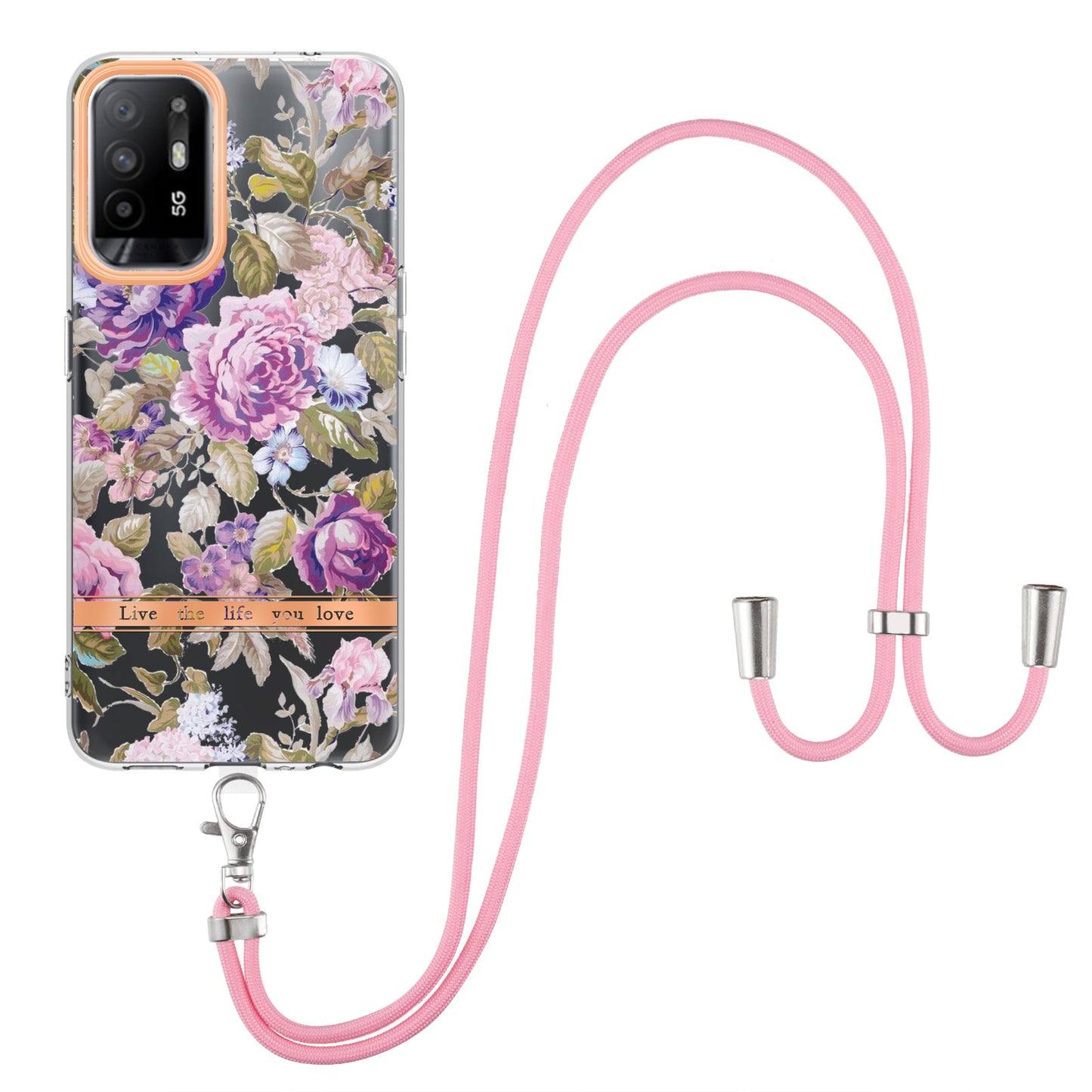 YB IMD-9 Series Electroplating IMD Case for Oppo A94 5G, Flower Pattern Soft TPU Scratch-Resistant Back Cover with Lanyard