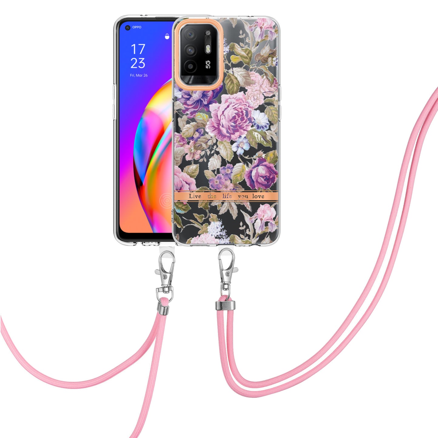 YB IMD-9 Series Electroplating IMD Case for Oppo A94 5G, Flower Pattern Soft TPU Scratch-Resistant Back Cover with Lanyard