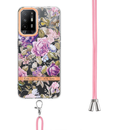 YB IMD-9 Series Electroplating IMD Case for Oppo A94 5G, Flower Pattern Soft TPU Scratch-Resistant Back Cover with Lanyard