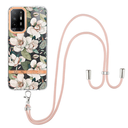 YB IMD-9 Series Electroplating IMD Case for Oppo A94 5G, Flower Pattern Soft TPU Scratch-Resistant Back Cover with Lanyard