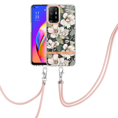 YB IMD-9 Series Electroplating IMD Case for Oppo A94 5G, Flower Pattern Soft TPU Scratch-Resistant Back Cover with Lanyard