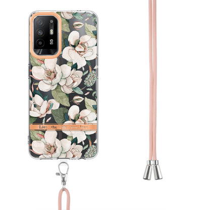 YB IMD-9 Series Electroplating IMD Case for Oppo A94 5G, Flower Pattern Soft TPU Scratch-Resistant Back Cover with Lanyard