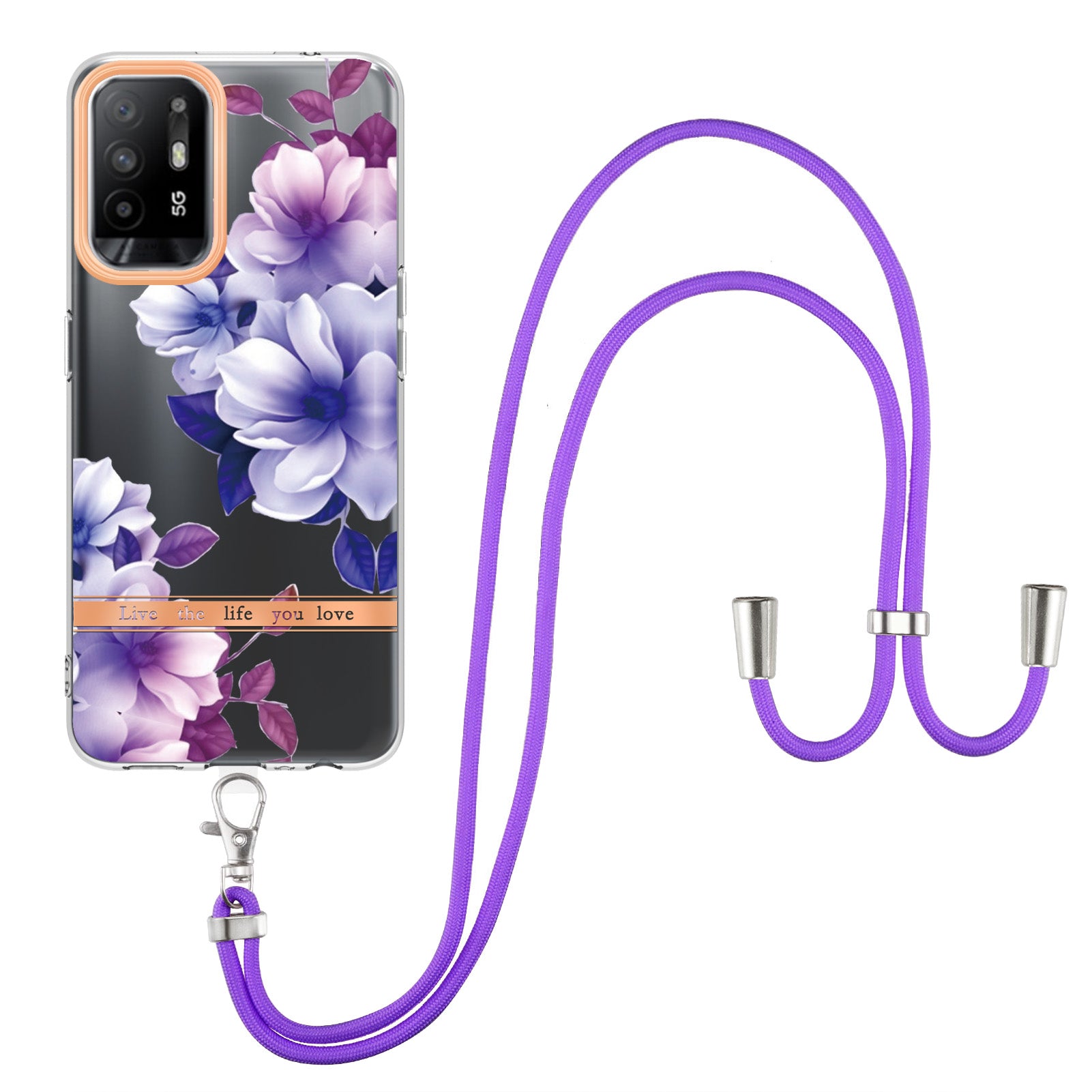 YB IMD-9 Series Electroplating IMD Case for Oppo A94 5G, Flower Pattern Soft TPU Scratch-Resistant Back Cover with Lanyard