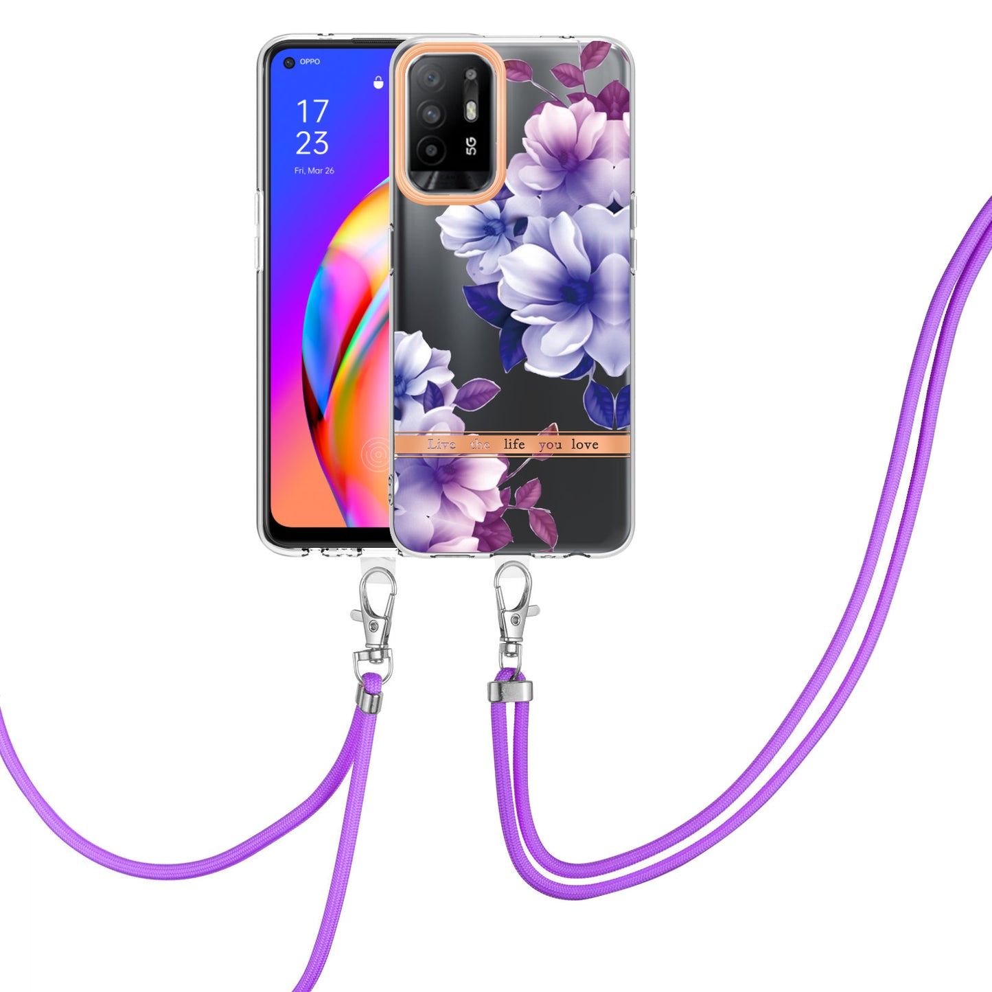 YB IMD-9 Series Electroplating IMD Case for Oppo A94 5G, Flower Pattern Soft TPU Scratch-Resistant Back Cover with Lanyard