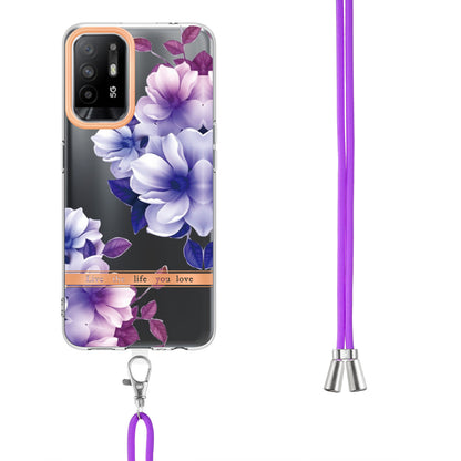 YB IMD-9 Series Electroplating IMD Case for Oppo A94 5G, Flower Pattern Soft TPU Scratch-Resistant Back Cover with Lanyard