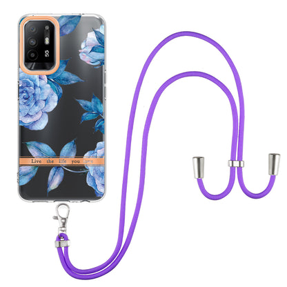 YB IMD-9 Series Electroplating IMD Case for Oppo A94 5G, Flower Pattern Soft TPU Scratch-Resistant Back Cover with Lanyard