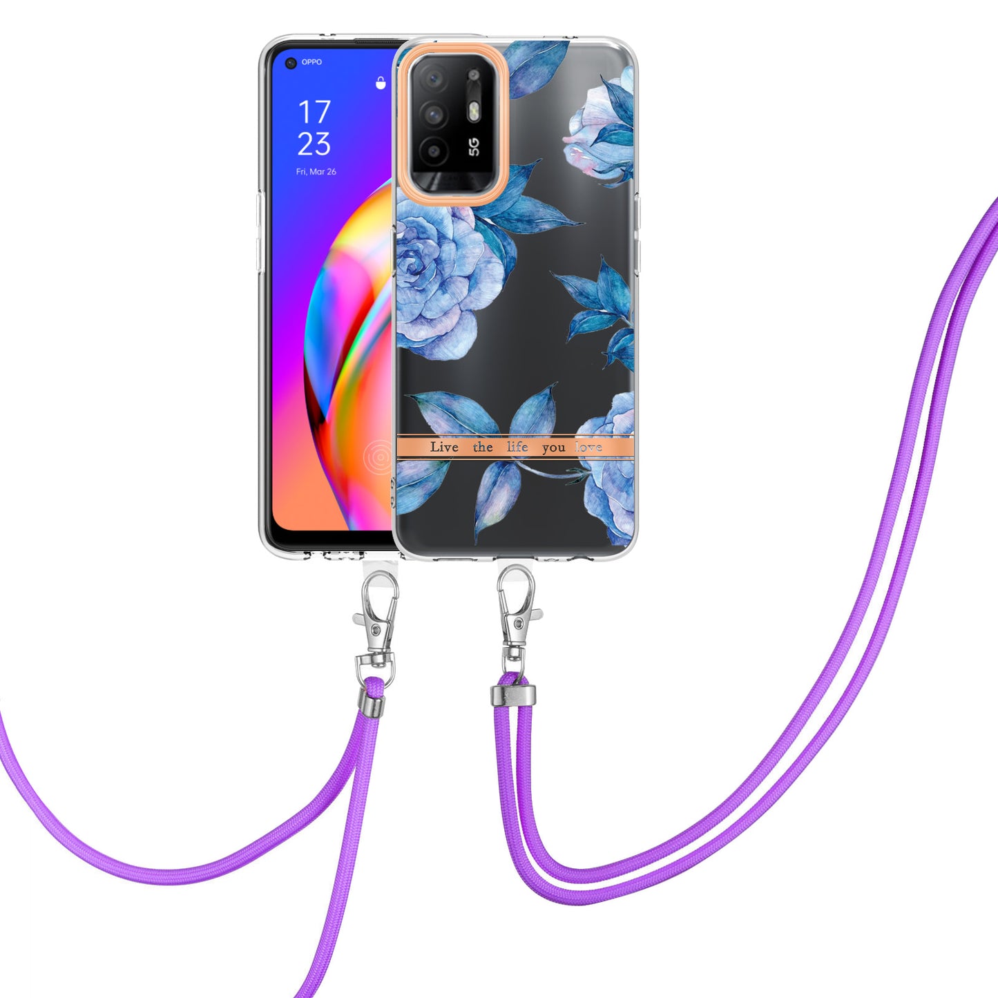 YB IMD-9 Series Electroplating IMD Case for Oppo A94 5G, Flower Pattern Soft TPU Scratch-Resistant Back Cover with Lanyard