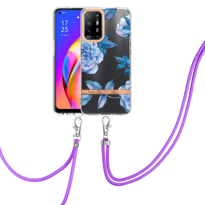 YB IMD-9 Series Electroplating IMD Case for Oppo A94 5G, Flower Pattern Soft TPU Scratch-Resistant Back Cover with Lanyard