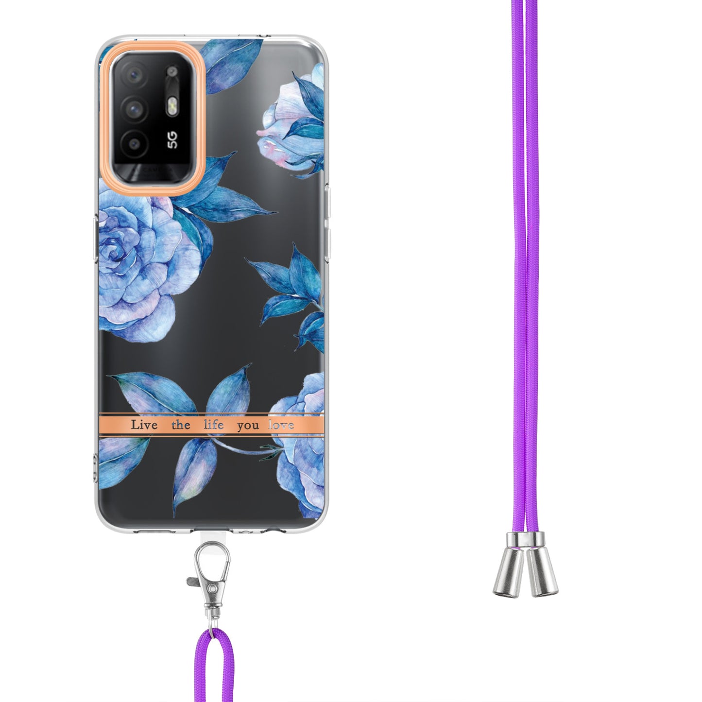 YB IMD-9 Series Electroplating IMD Case for Oppo A94 5G, Flower Pattern Soft TPU Scratch-Resistant Back Cover with Lanyard