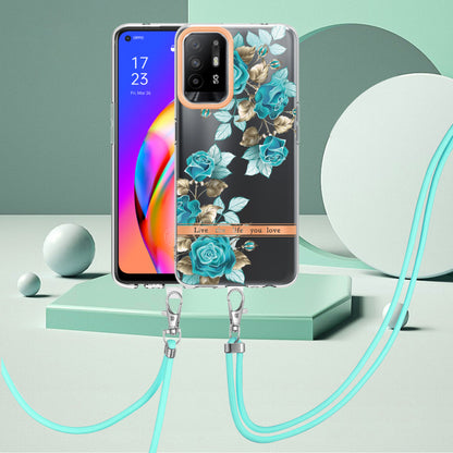 YB IMD-9 Series Electroplating IMD Case for Oppo A94 5G, Flower Pattern Soft TPU Scratch-Resistant Back Cover with Lanyard